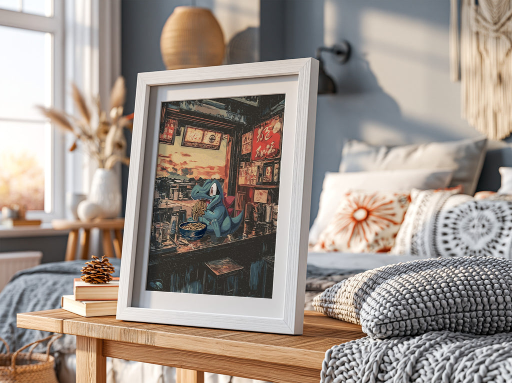 Pokemon poster featuring Totodile eating ramen in a cozy Japanese ramen shop with warm red and blue tones