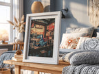 Pokemon poster featuring Totodile eating ramen in a cozy Japanese ramen shop with warm red and blue tones
