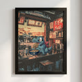 Pokemon poster featuring Totodile eating ramen in a cozy Japanese ramen shop with warm red and blue tones