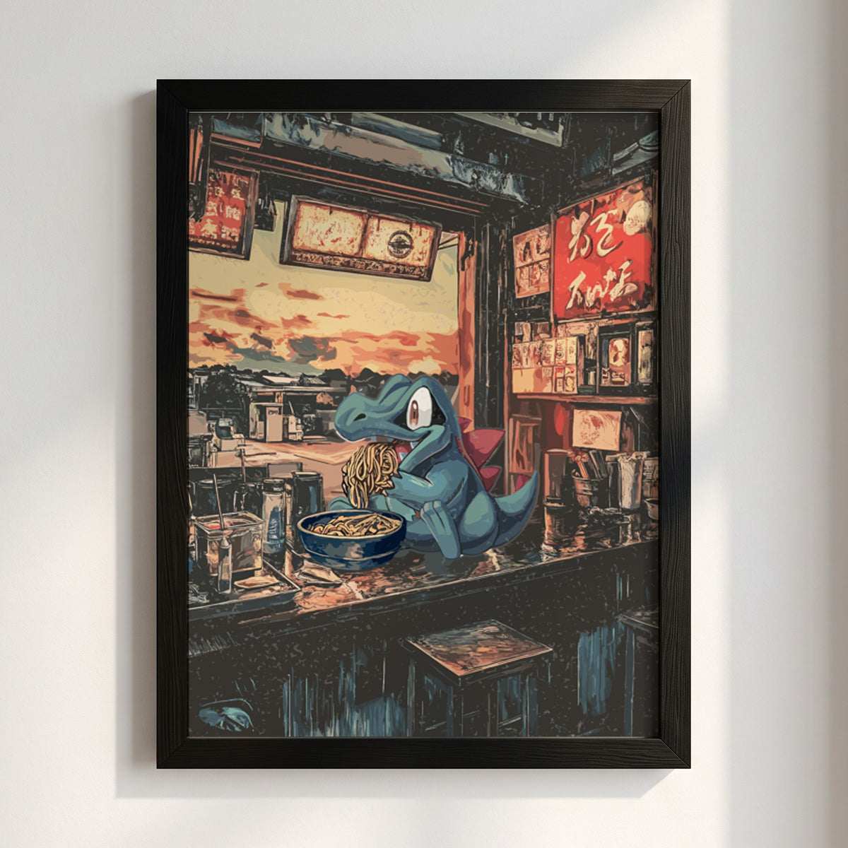 Pokemon poster featuring Totodile eating ramen in a cozy Japanese ramen shop with warm red and blue tones