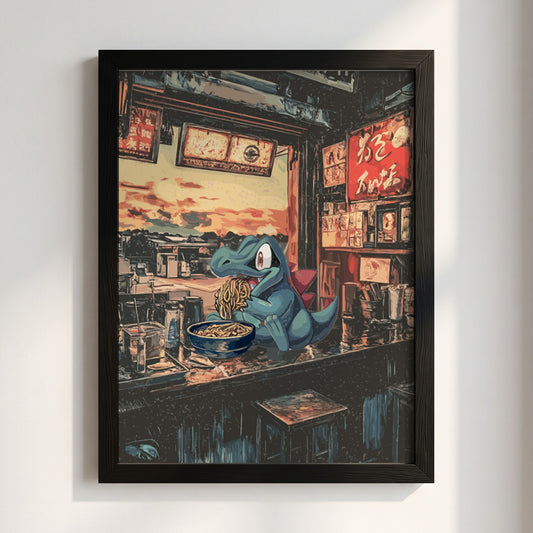 Pokemon poster featuring Totodile eating ramen in a cozy Japanese ramen shop with warm red and blue tones