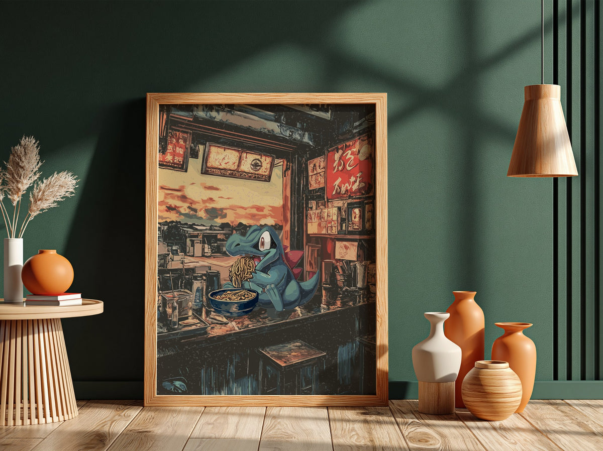 Pokemon poster featuring Totodile eating ramen in a cozy Japanese ramen shop with warm red and blue tones