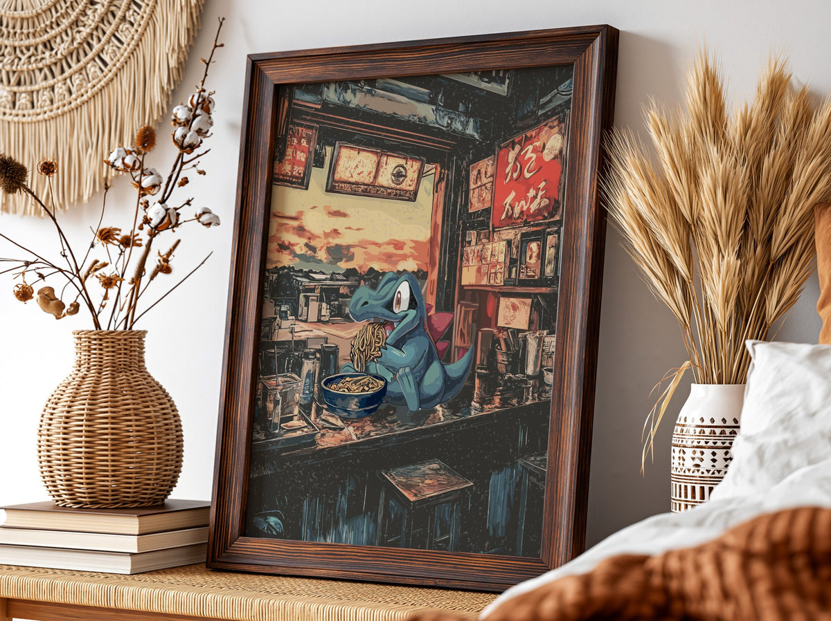 Pokemon poster featuring Totodile eating ramen in a cozy Japanese ramen shop with warm red and blue tones