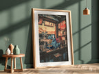 Pokemon poster featuring Totodile eating ramen in a cozy Japanese ramen shop with warm red and blue tones