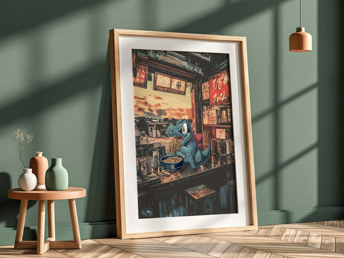Pokemon poster featuring Totodile eating ramen in a cozy Japanese ramen shop with warm red and blue tones