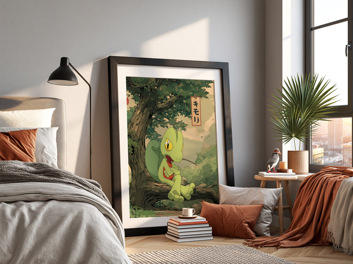 Poster featuring Treecko character in green shades sitting on tree branch with Japanese text in anime style