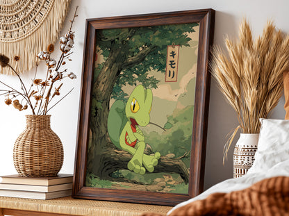 Poster featuring Treecko character in green shades sitting on tree branch with Japanese text in anime style