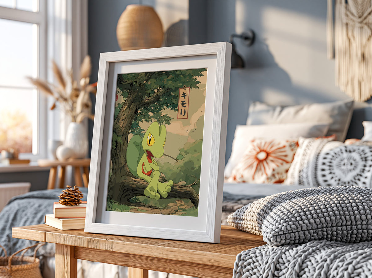 Poster featuring Treecko character in green shades sitting on tree branch with Japanese text in anime style