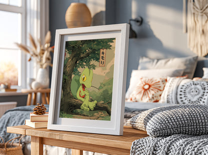 Poster featuring Treecko character in green shades sitting on tree branch with Japanese text in anime style