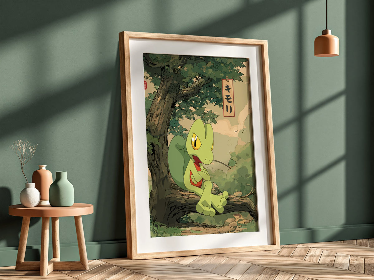 Poster featuring Treecko character in green shades sitting on tree branch with Japanese text in anime style