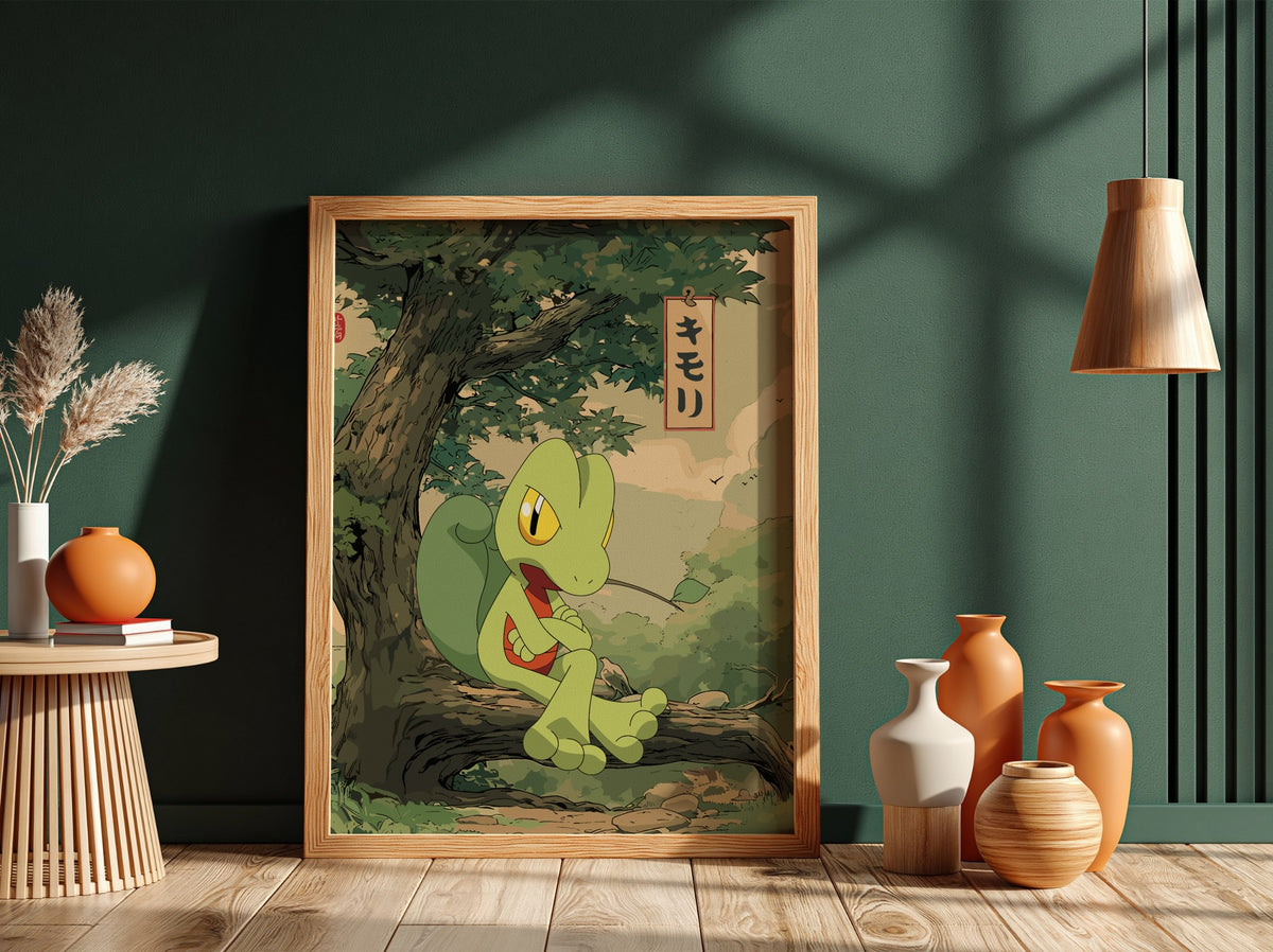 Poster featuring Treecko character in green shades sitting on tree branch with Japanese text in anime style
