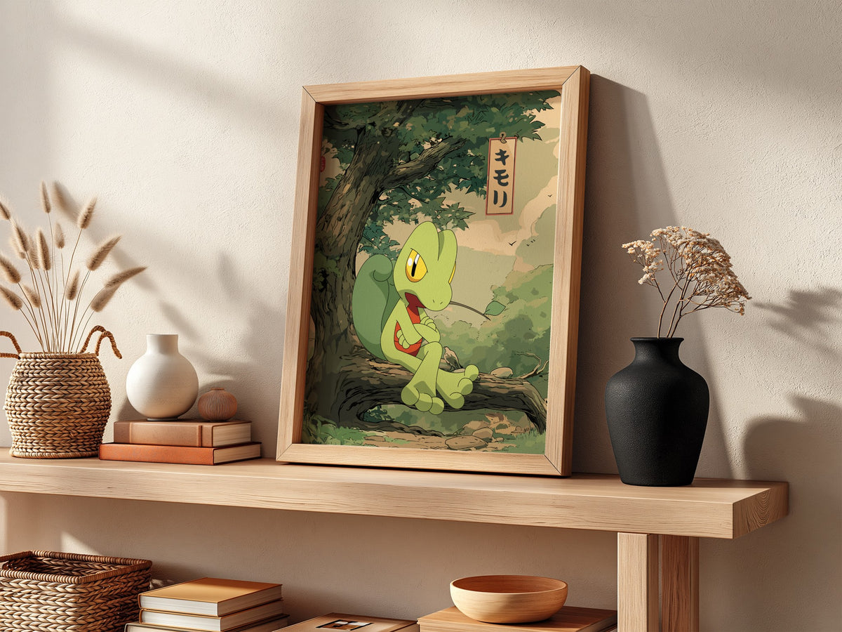 Poster featuring Treecko character in green shades sitting on tree branch with Japanese text in anime style