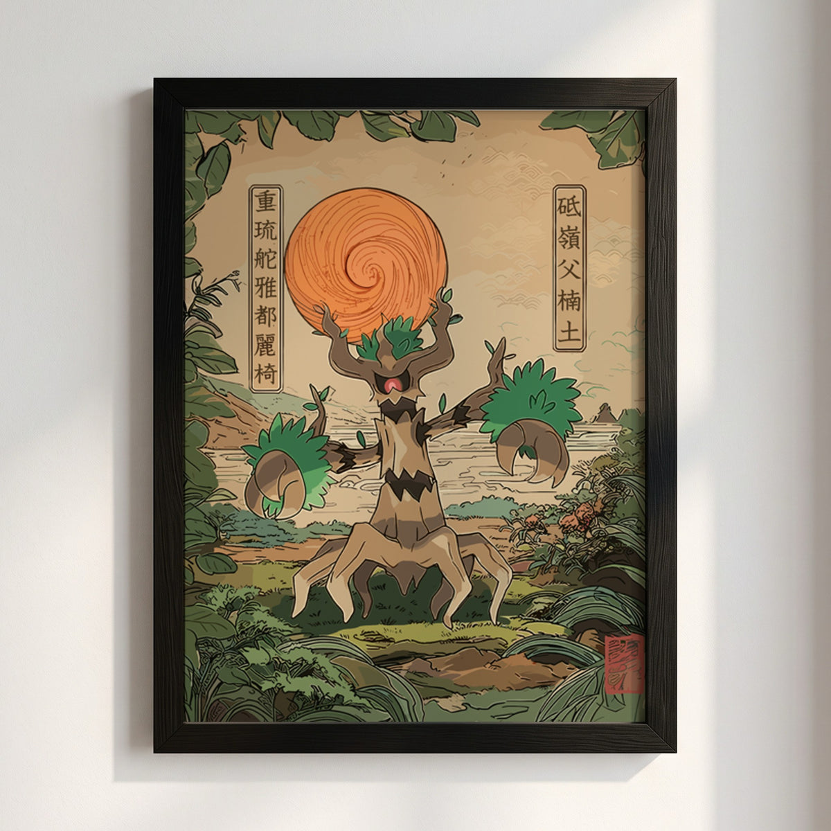 Trevenant wall decor in vintage Japanese style with orange orb and lush greenery background
