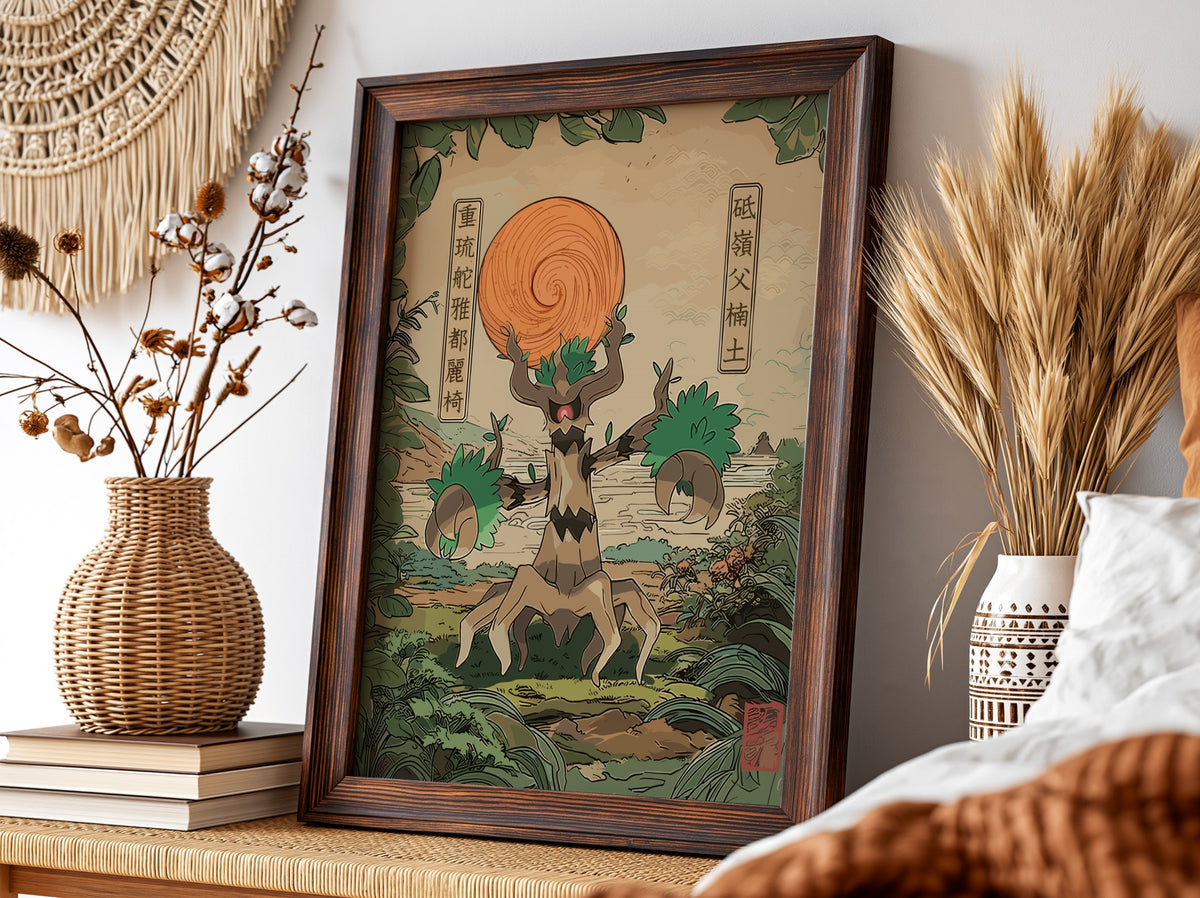 Trevenant wall decor in vintage Japanese style with orange orb and lush greenery background