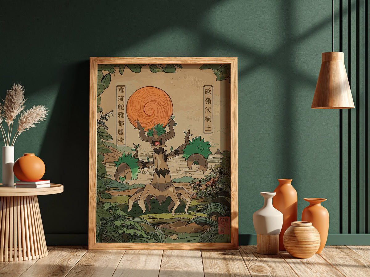 Trevenant wall decor in vintage Japanese style with orange orb and lush greenery background