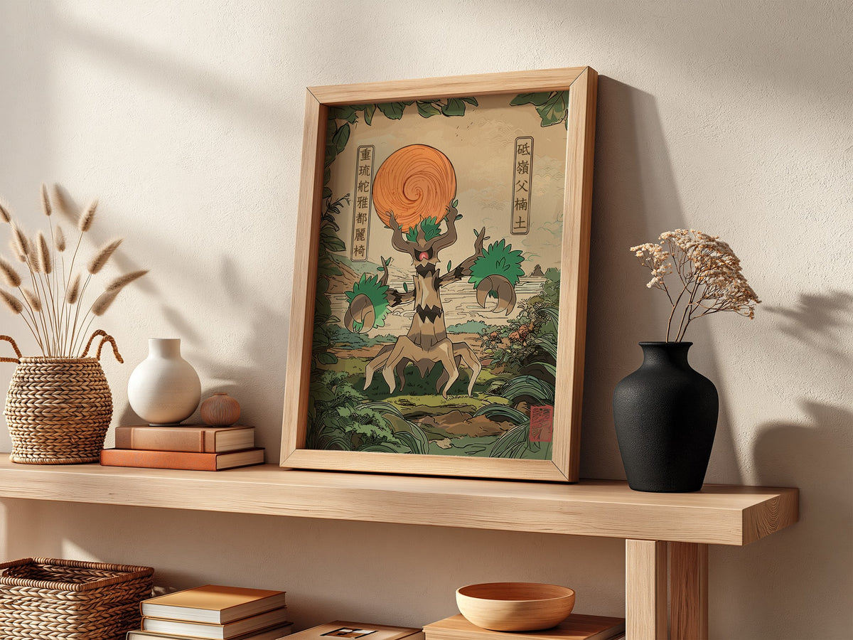 Trevenant wall decor in vintage Japanese style with orange orb and lush greenery background