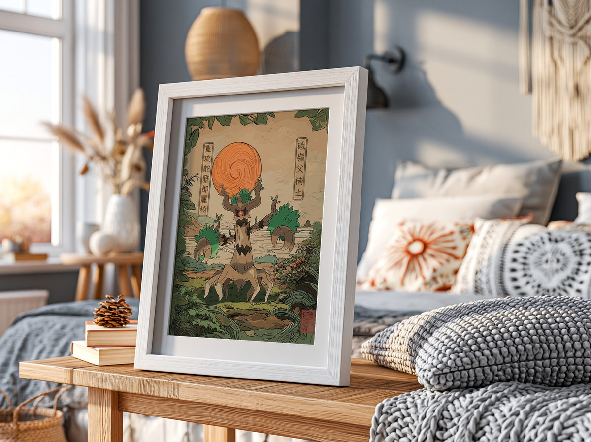 Trevenant wall decor in vintage Japanese style with orange orb and lush greenery background