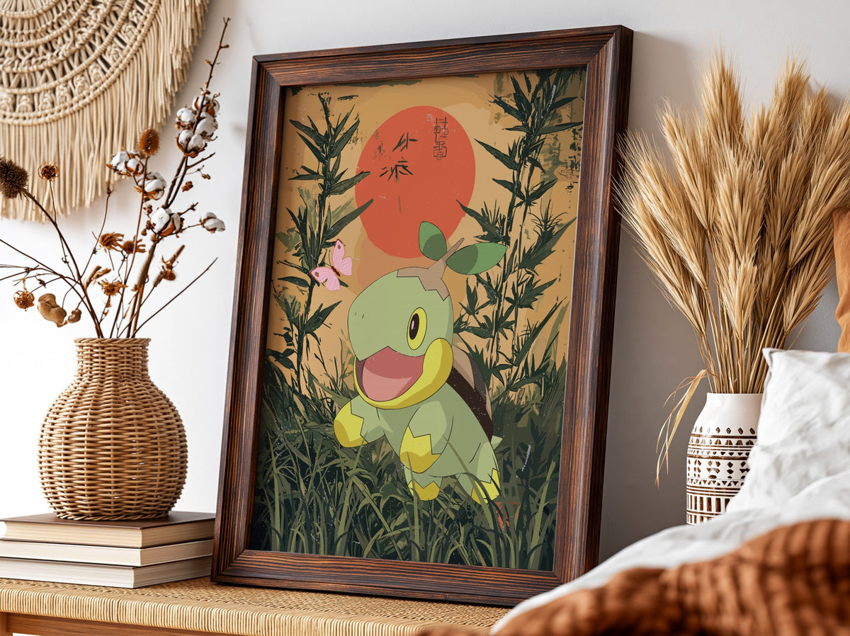 Turtwig character poster with green, earthy colors, bamboo background, red sun, and Japanese style