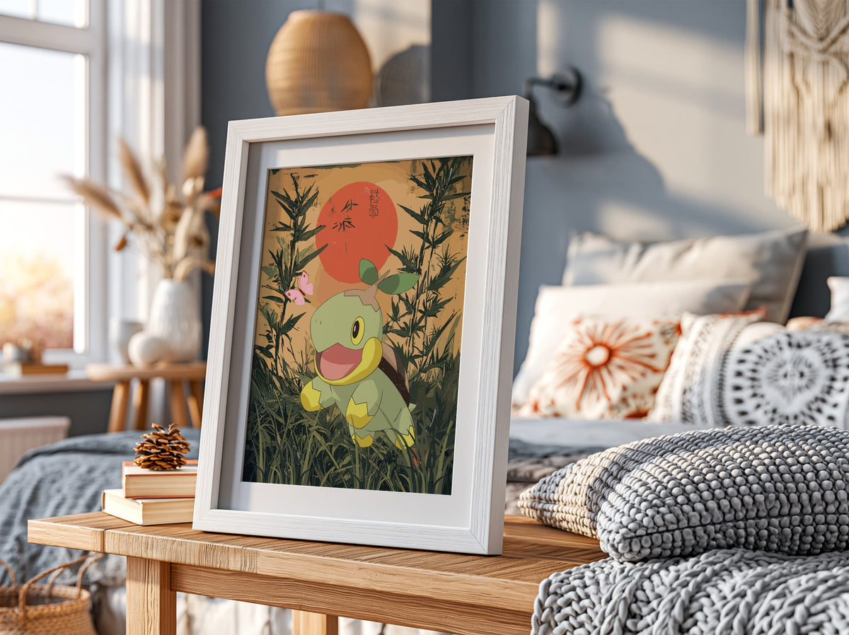Turtwig character poster with green, earthy colors, bamboo background, red sun, and Japanese style