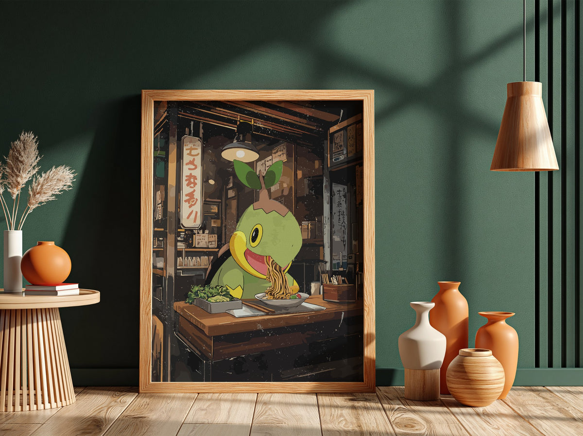Poster of Turtwig eating ramen in cozy wooden ramen shop with warm lighting and anime style
