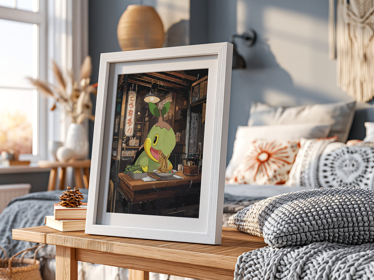 Poster of Turtwig eating ramen in cozy wooden ramen shop with warm lighting and anime style