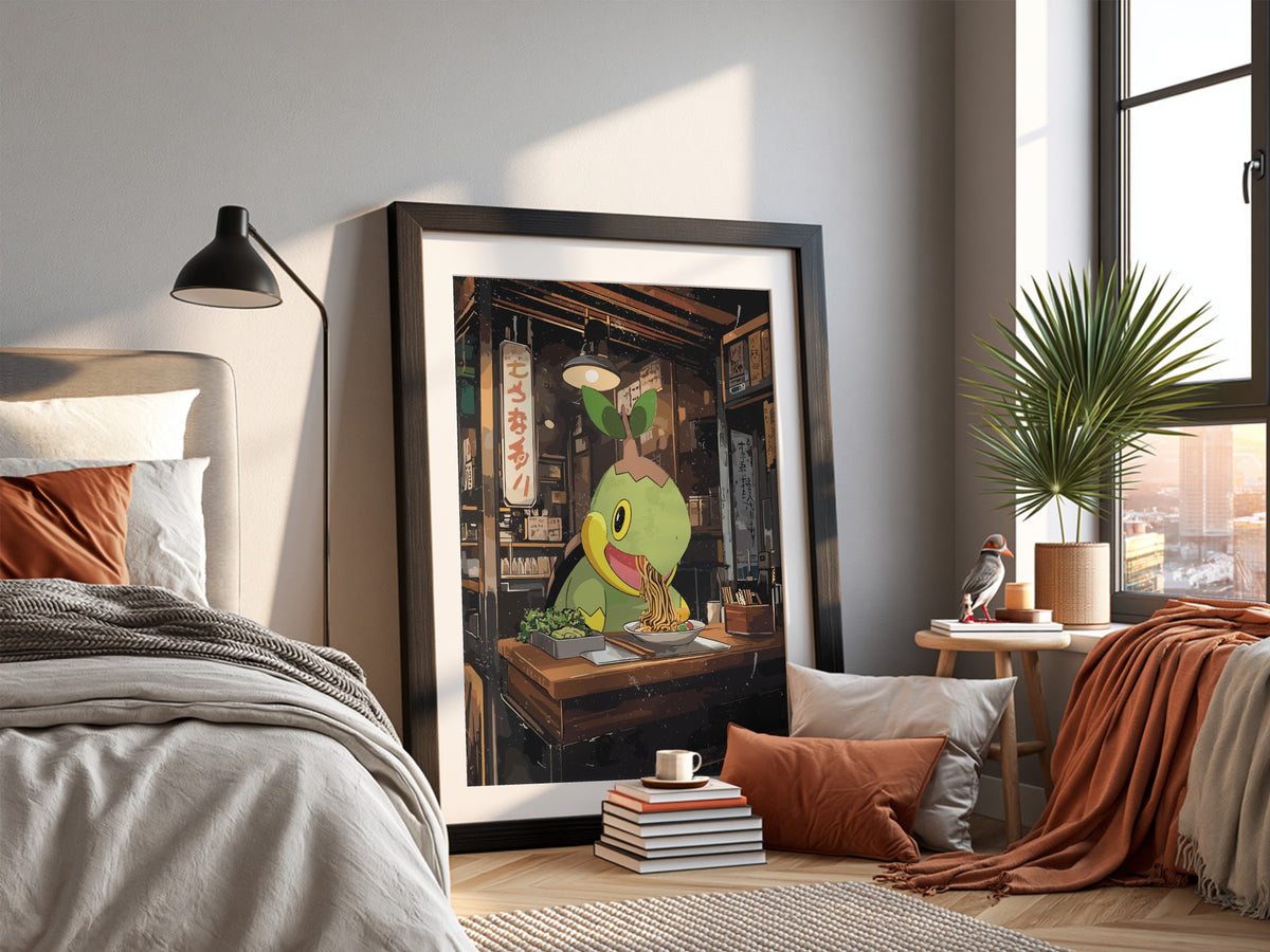 Poster of Turtwig eating ramen in cozy wooden ramen shop with warm lighting and anime style