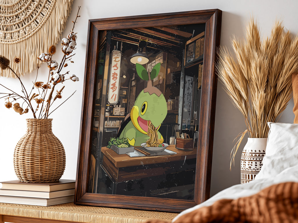 Poster of Turtwig eating ramen in cozy wooden ramen shop with warm lighting and anime style