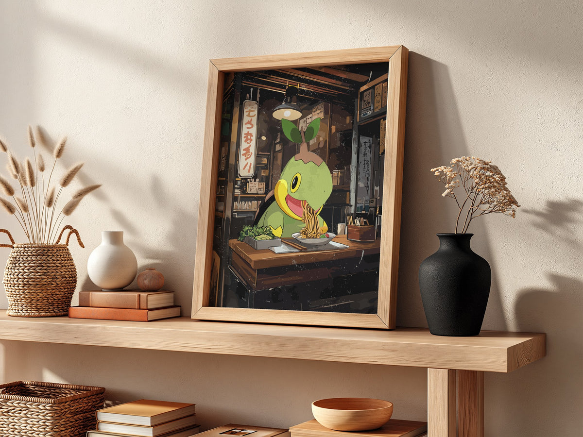 Poster of Turtwig eating ramen in cozy wooden ramen shop with warm lighting and anime style
