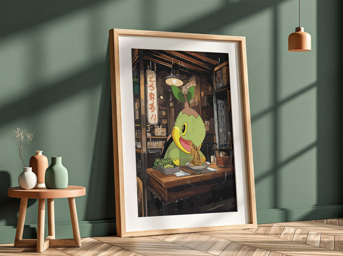 Poster of Turtwig eating ramen in cozy wooden ramen shop with warm lighting and anime style