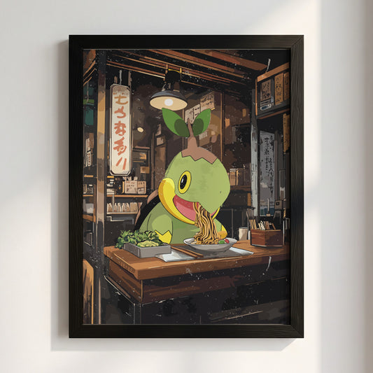 Poster of Turtwig eating ramen in cozy wooden ramen shop with warm lighting and anime style