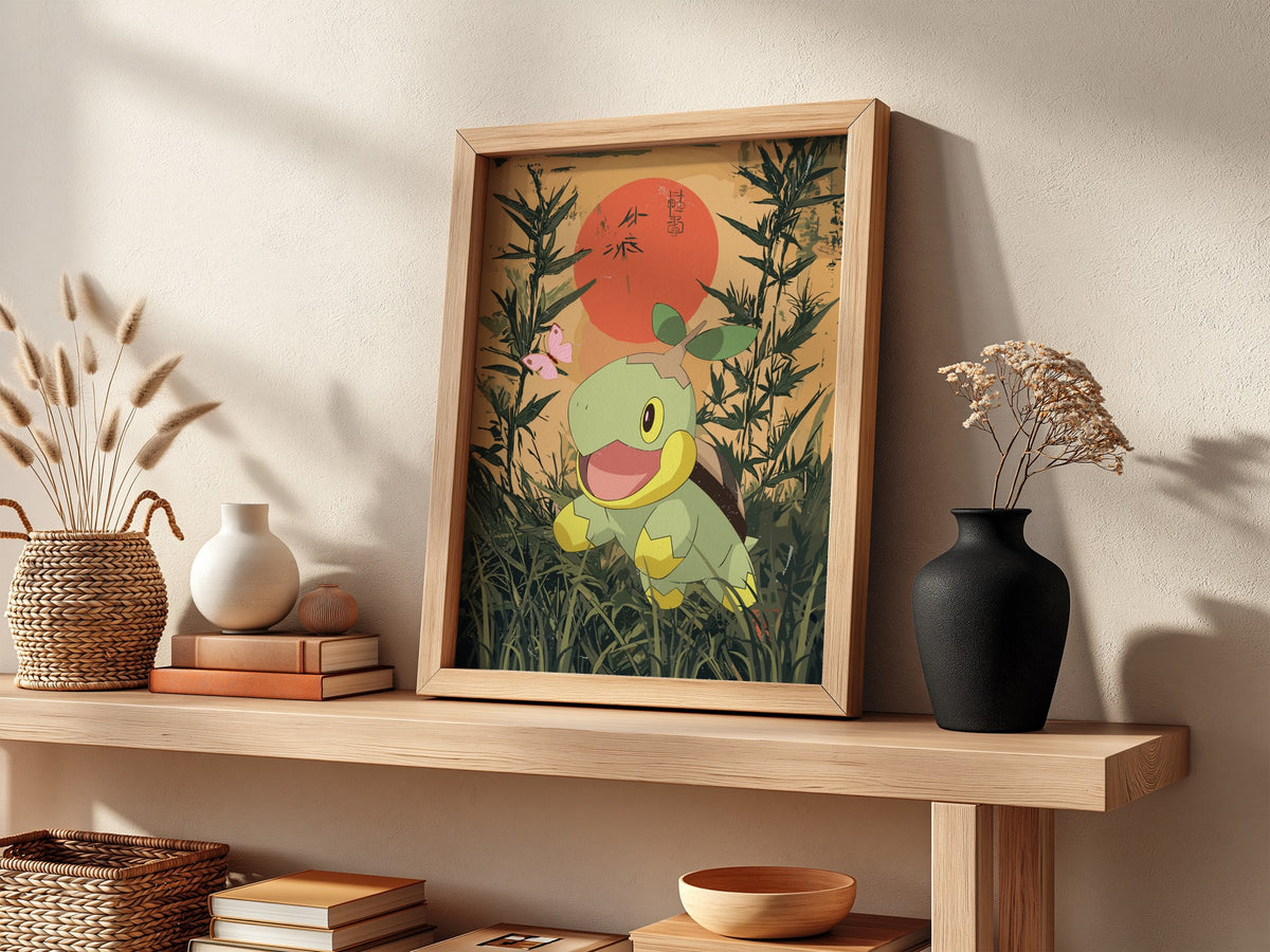 Turtwig character poster with green, earthy colors, bamboo background, red sun, and Japanese style