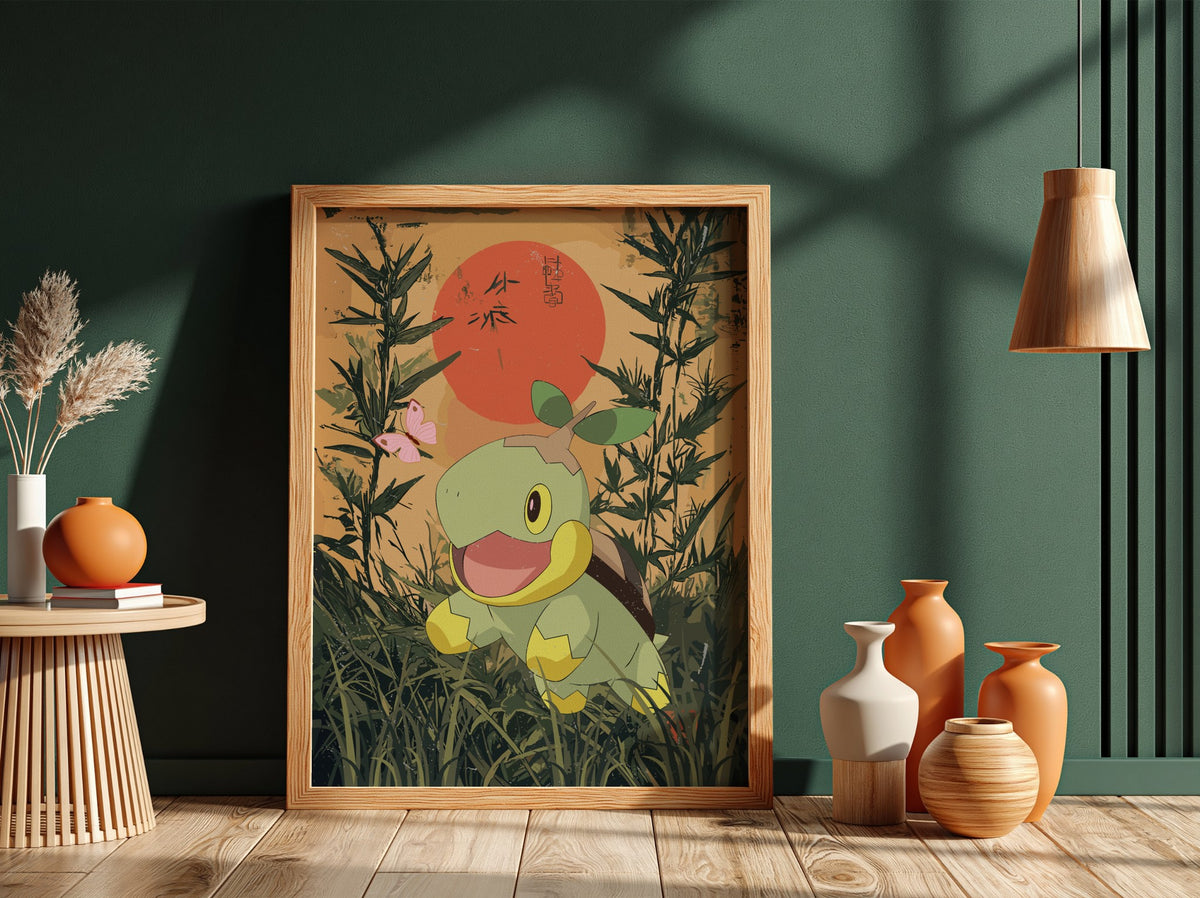 Turtwig character poster with green, earthy colors, bamboo background, red sun, and Japanese style
