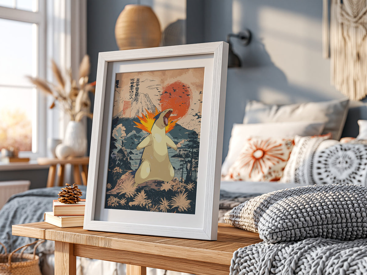 Typhlosion poster with fiery orange flames and Japanese style red sun mountain landscape