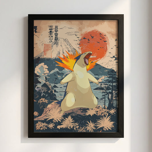 Typhlosion poster with fiery orange flames and Japanese style red sun mountain landscape
