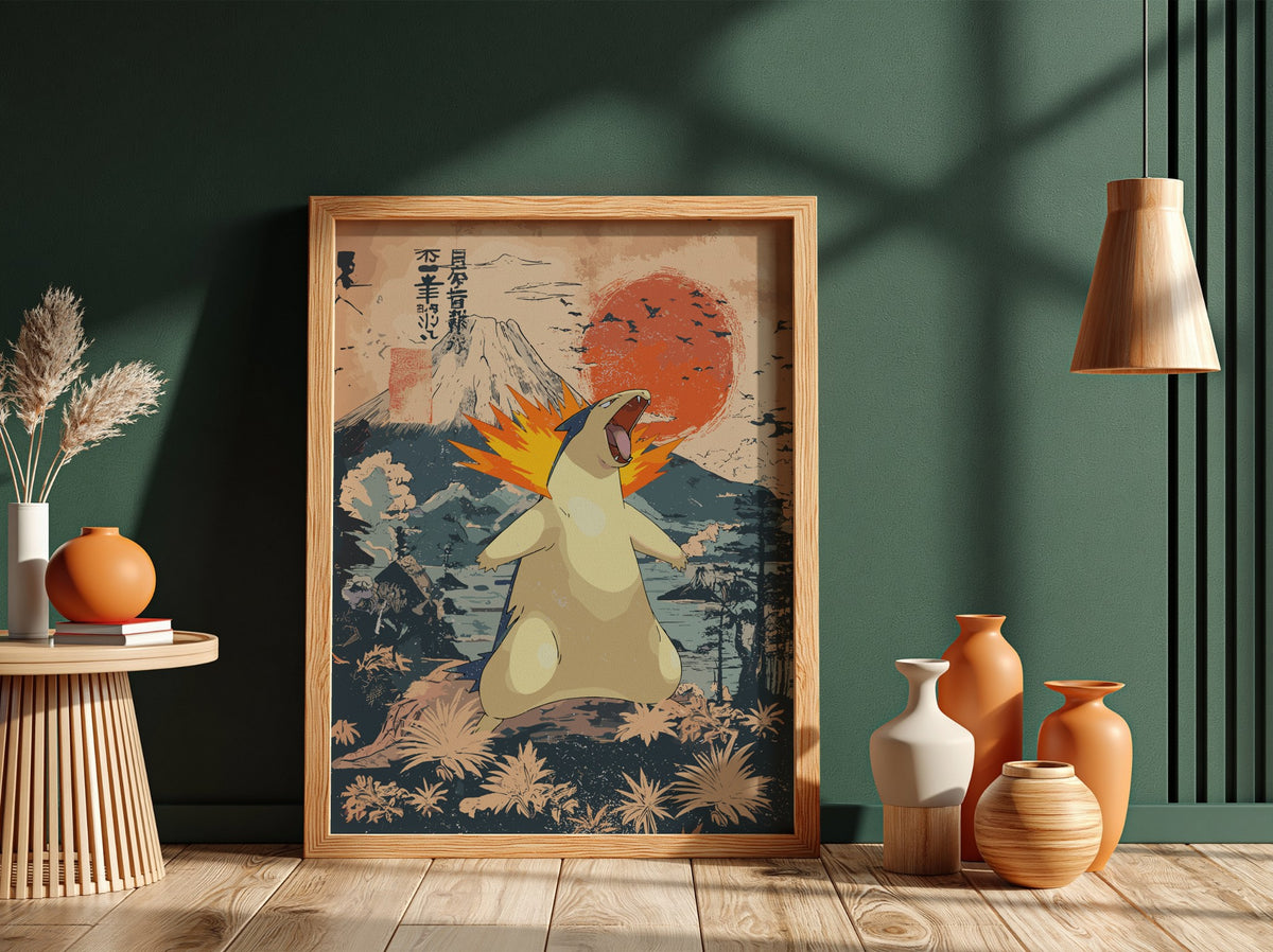 Typhlosion poster with fiery orange flames and Japanese style red sun mountain landscape