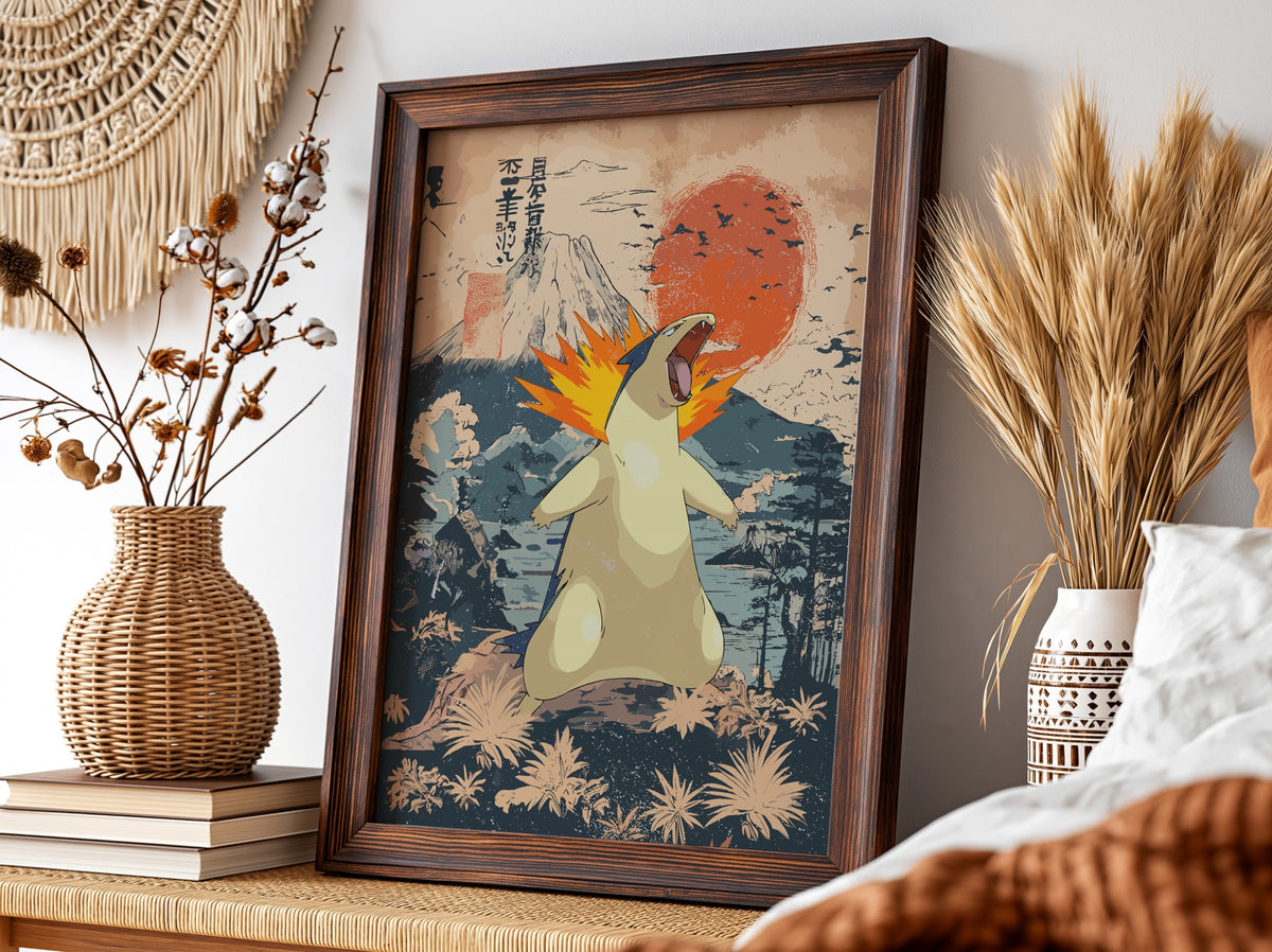 Typhlosion poster with fiery orange flames and Japanese style red sun mountain landscape