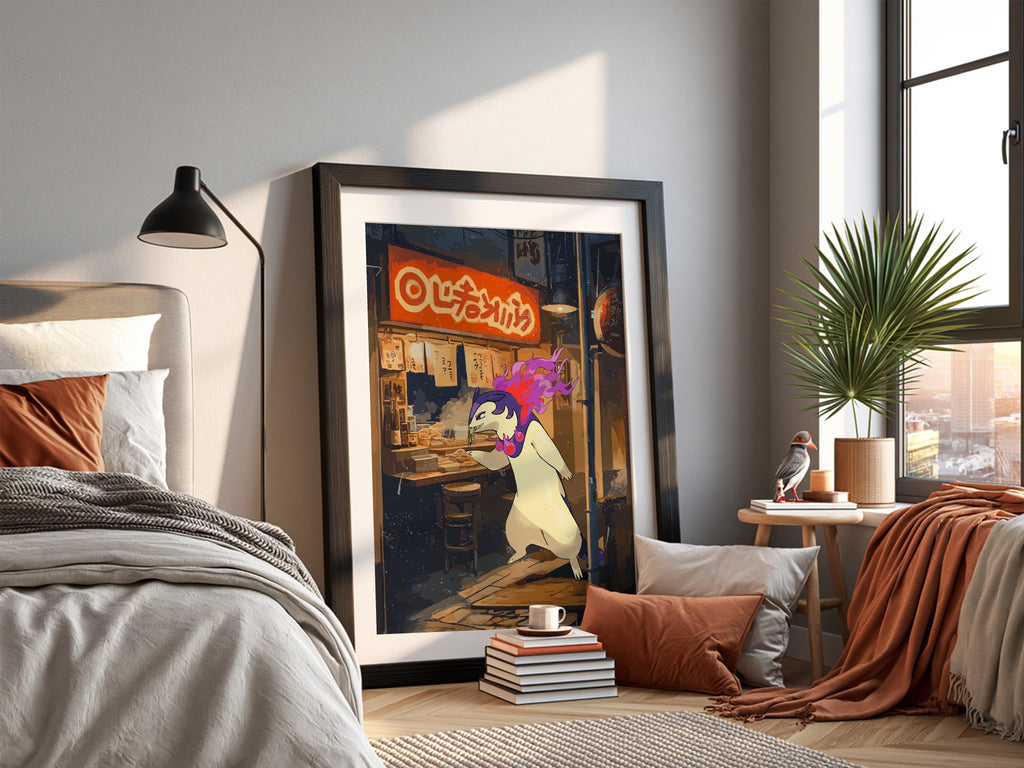 Typhlosion ramen poster with fiery Pokémon eating noodles in vibrant neon-lit street scene