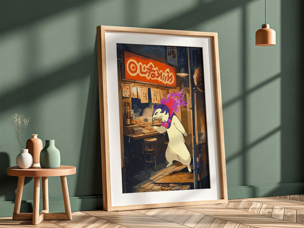 Typhlosion ramen poster with fiery Pokémon eating noodles in vibrant neon-lit street scene