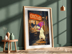 Typhlosion ramen poster with fiery Pokémon eating noodles in vibrant neon-lit street scene