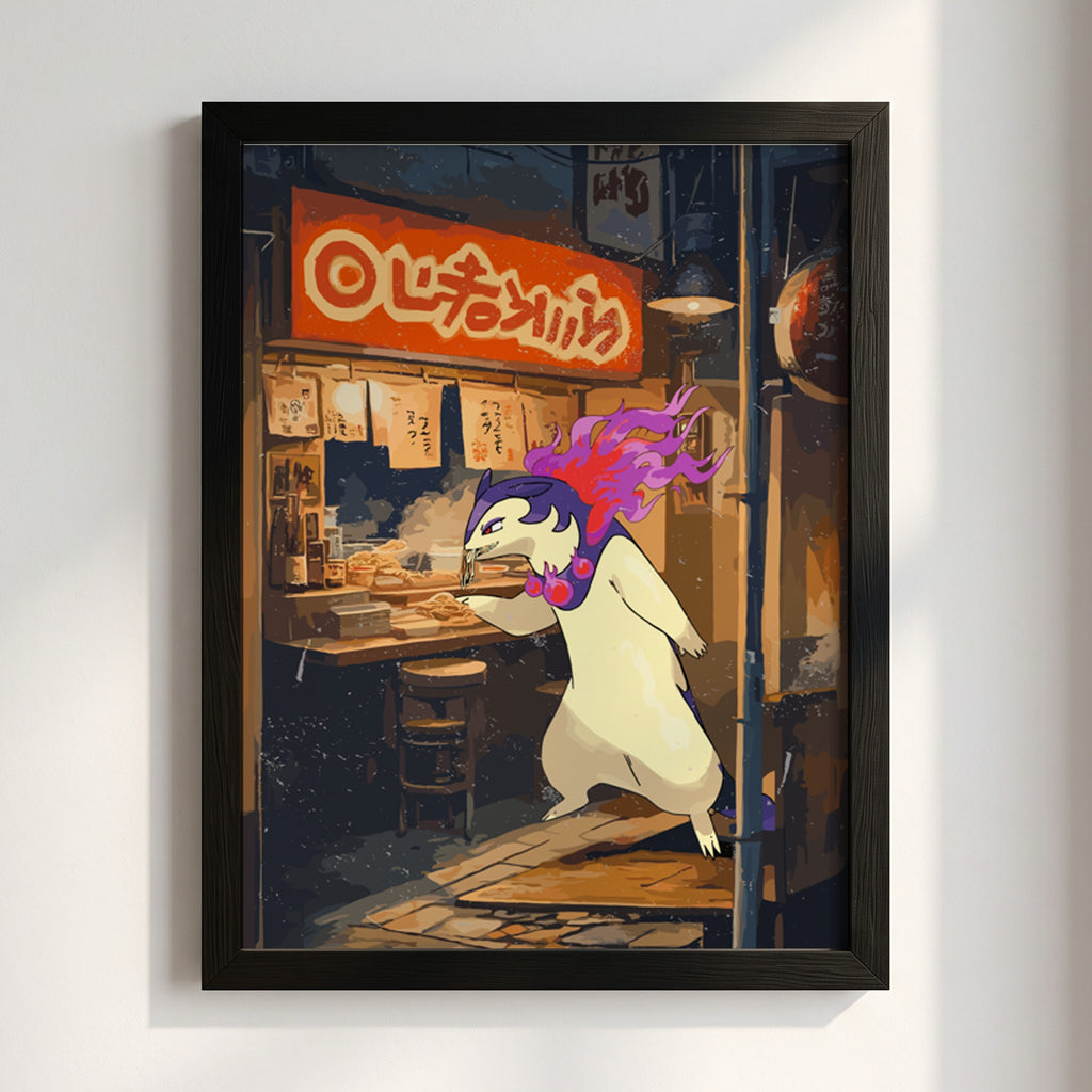 Typhlosion ramen poster with fiery Pokémon eating noodles in vibrant neon-lit street scene