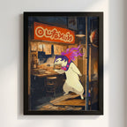 Typhlosion ramen poster with fiery Pokémon eating noodles in vibrant neon-lit street scene