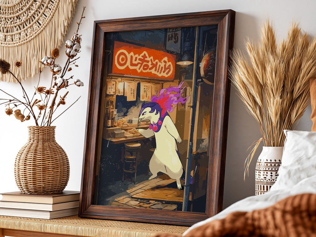 Typhlosion ramen poster with fiery Pokémon eating noodles in vibrant neon-lit street scene