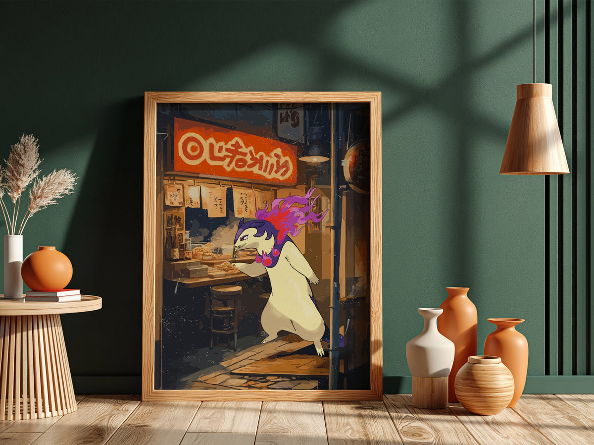 Typhlosion ramen poster with fiery Pokémon eating noodles in vibrant neon-lit street scene