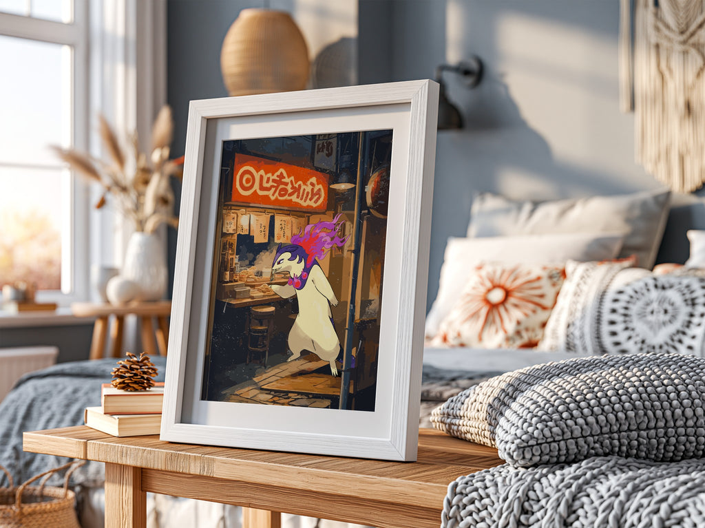 Typhlosion ramen poster with fiery Pokémon eating noodles in vibrant neon-lit street scene