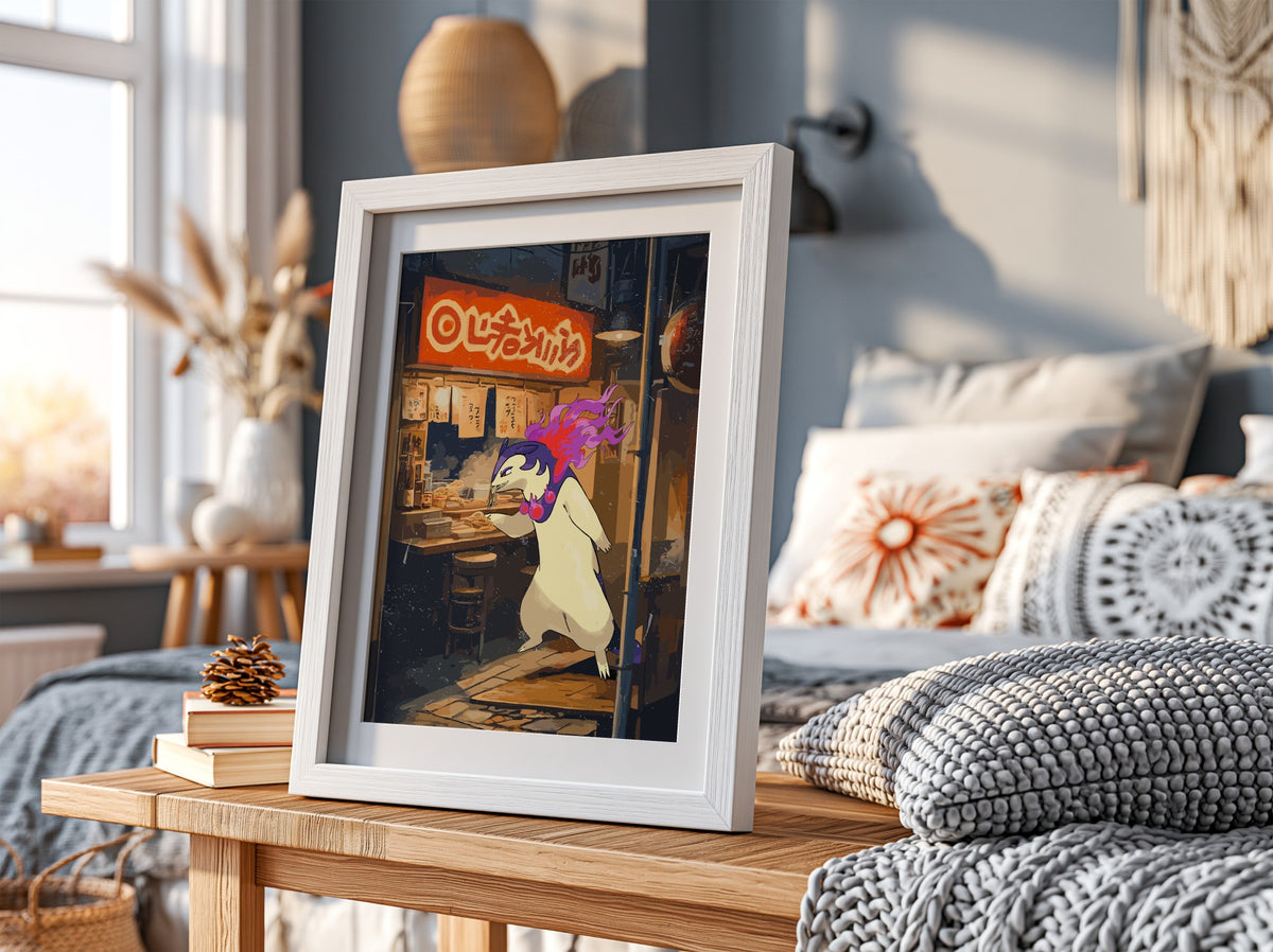 Typhlosion ramen poster with fiery Pokémon eating noodles in vibrant neon-lit street scene