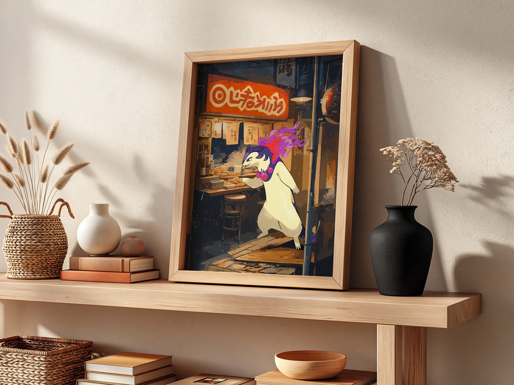 Typhlosion ramen poster with fiery Pokémon eating noodles in vibrant neon-lit street scene