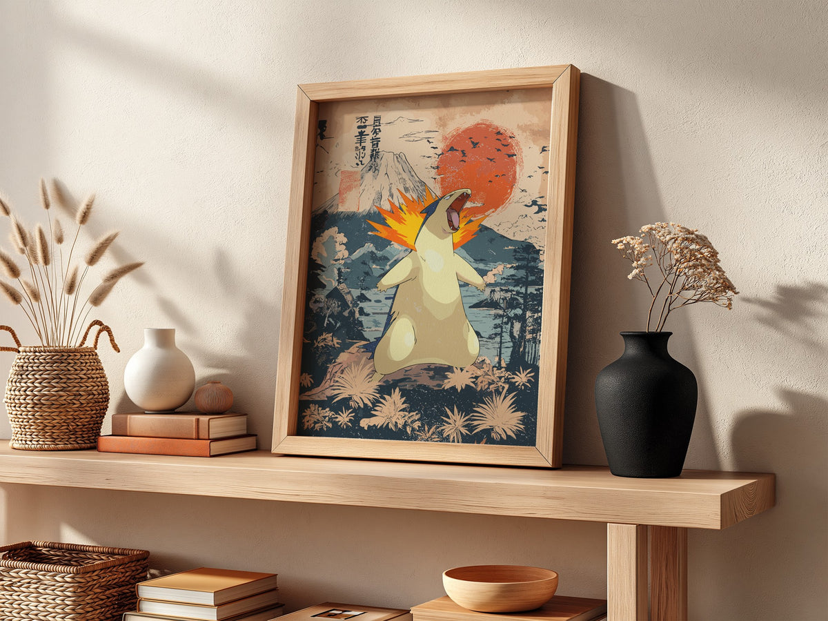 Typhlosion poster with fiery orange flames and Japanese style red sun mountain landscape