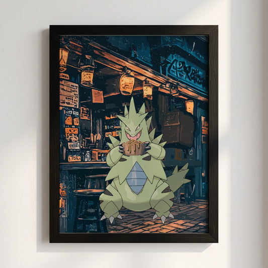 Poster featuring Tyranitar eating ramen in dark blue and orange anime ramen shop setting