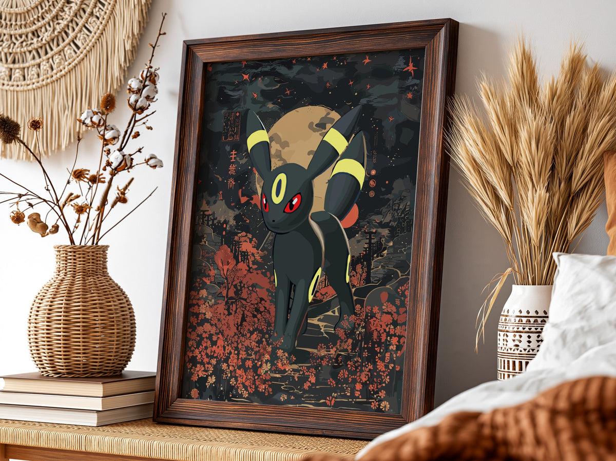 Umbreon character poster with dark palette, full moon, red eyes, and autumn foliage in night scene