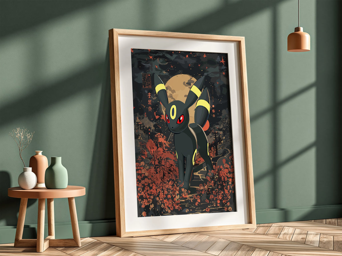 Umbreon character poster with dark palette, full moon, red eyes, and autumn foliage in night scene